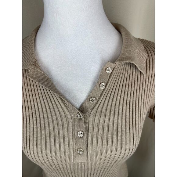 Calvin Klein Jeans Taupe Ribbed Polo Knit Top, Size M - Picture 4 of 4